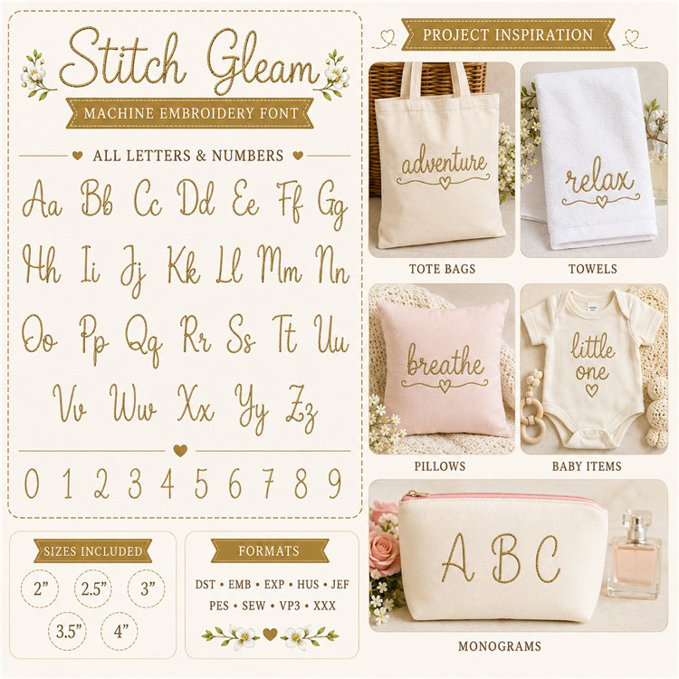 Stitch Gleam Embroidery Font - Flowing Script Lettering - PES, DST & 7 formats