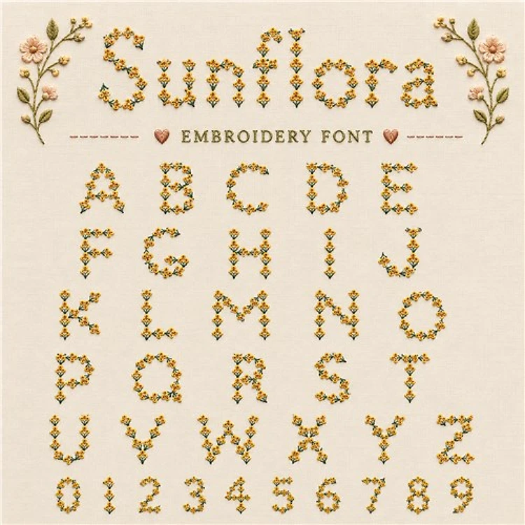 Decorative Floral Embroidery Font - Playful Floral Lettering - 3 Sizes Included - PES, DST & 7 formats