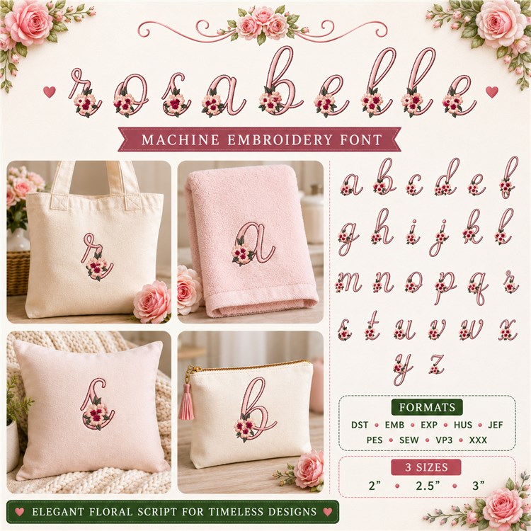 Rosabella floral Embroidery Font - Elegant Floral Script Lettering - PES, DST & 7 formats