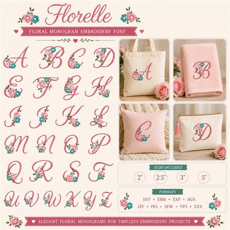 Florelle Floral Embroidery Font - Decorative Floral Monogram Lettering - 2" 2.5" 3" - PES, DST & 7 formats