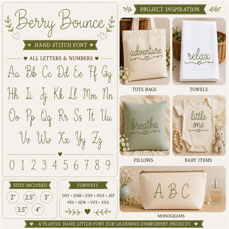 Berry Bounce Embroidery Font - Playful Hand Stitch Style - PES, DST & 7 formats