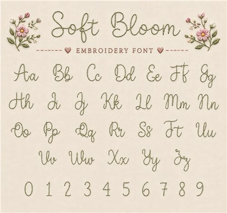 Soft Bloom Embroidery Font - Elegant Cursive Script Lettering - Home Format - PES, DST & 7 formats