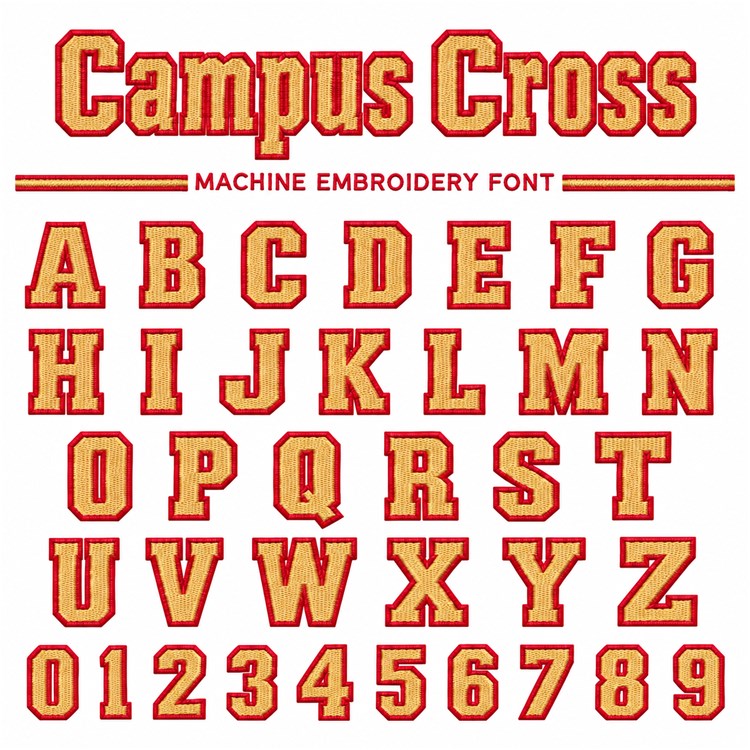 Campus Cross Embroidery Font - Bold Block Outline Letters - 10 Sizes: 2.5" TO 7" - Home Format