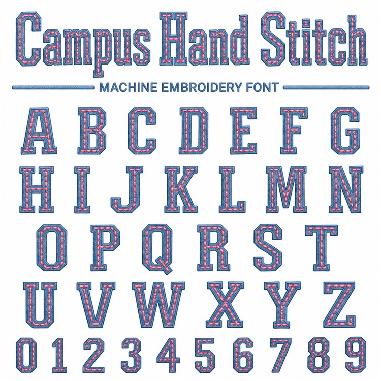 Campus hand Stitch Embroidery Font - Playful Hand Stitch Style - 5 Sizes: 2" - 5" - Home Format
