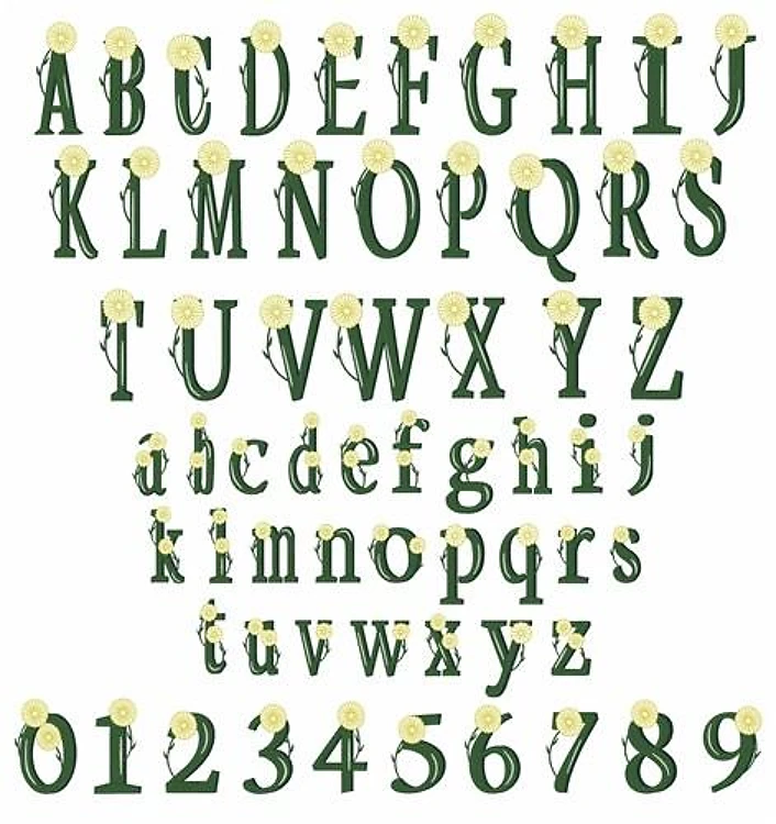 Yellow Flower Font Embroidery Font - Playful Floral Lettering - Home Format - PES, DST & 11 formats