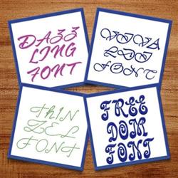 Elegant script fonts displayed in vibrant colors, featuring 'DAZZLING FONT, VIVA LED FONT' in an artistic style.