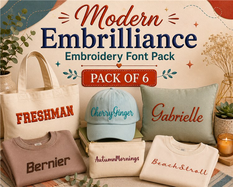 Modern Embrilliance Embroidery Font Bundle - Elegant Script & Block Lettering (6 Fonts) - BX font