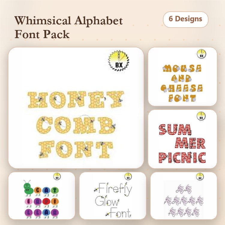BXEPFP2603 Embroidery Font Bundle - Whimsical Alphabet Styles (6 Fonts) - BX font