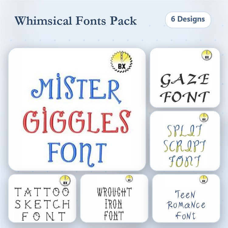 BXEPFP2604 Embroidery Font Bundle - Whimsical Script & Block Lettering (6 Fonts) - BX font