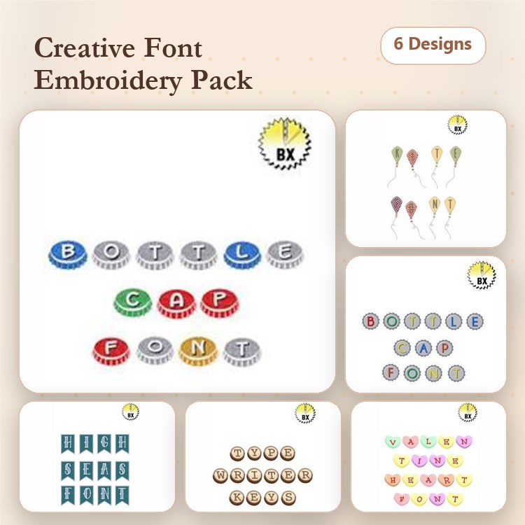 BXEPFP2607 Embroidery Font Bundle - Playful Bottle Cap Alphabets (6 Fonts) - BX font