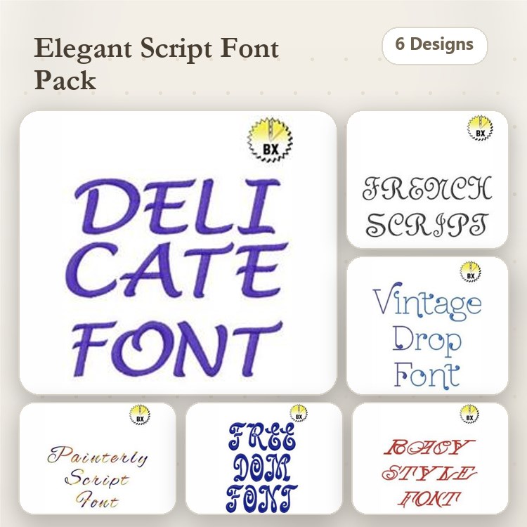 BXEPFP2610 Embroidery Font Bundle - Elegant Script & Ornate Lettering (6 Fonts) - BX font