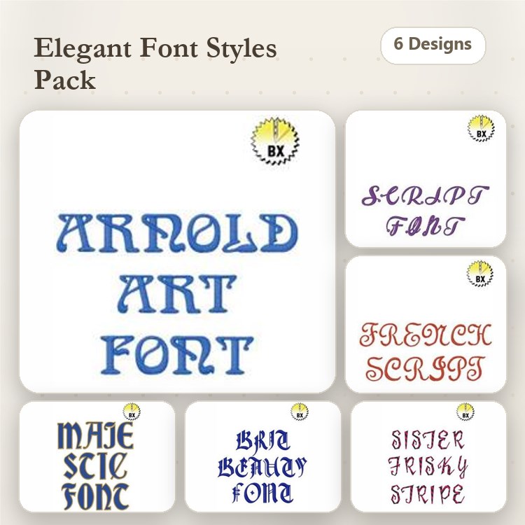 BXEPFP2611 Embroidery Font Bundle - Elegant Script & Decorative Alphabets (6 Fonts) - BX font