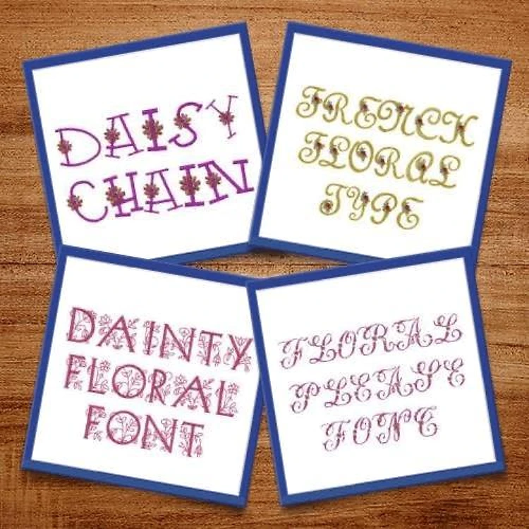 Curly Embroidery Font Bundle - Floral Decorative Lettering Styles (4 Fonts) - Home Format, PES, DST & 9 formats