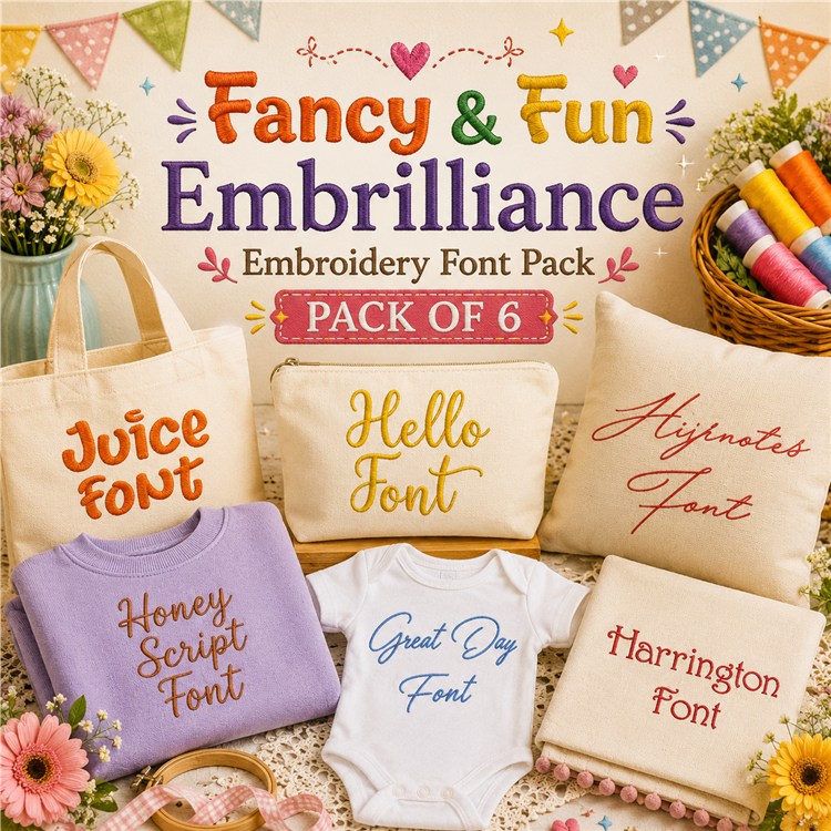 Fancy & Fun Embrilliance Embroidery Font Bundle - Playful Scripts & Fun Designs (6 Fonts) - BX font
