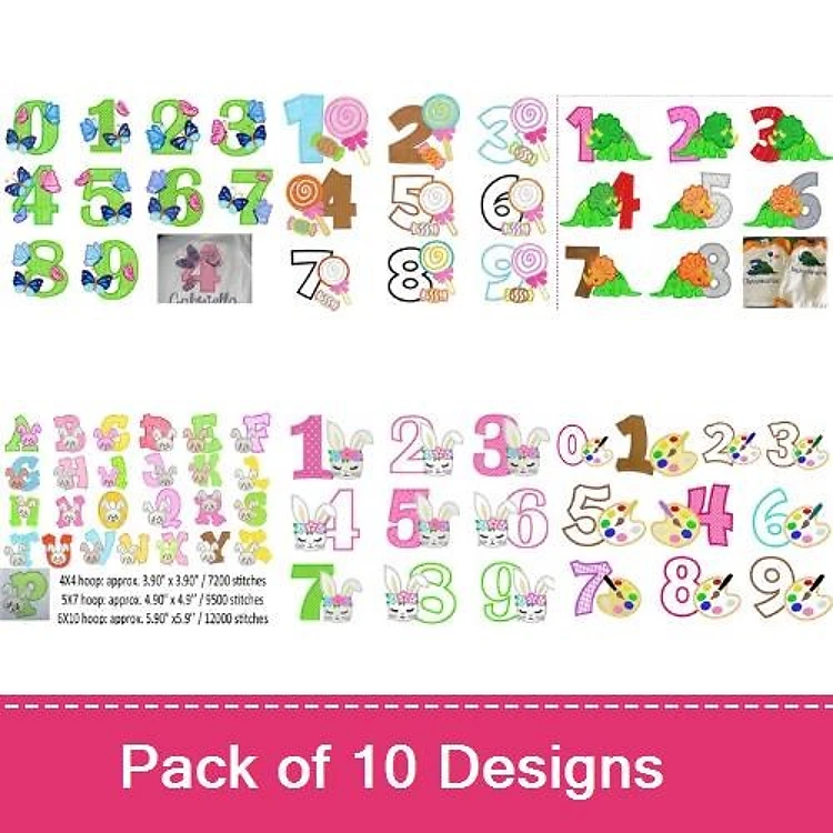 All About Kids Applique Embroidery Font Bundle - Playful Numbers & Letters (10 Fonts) - Home Format, PES, DST & 6 formats