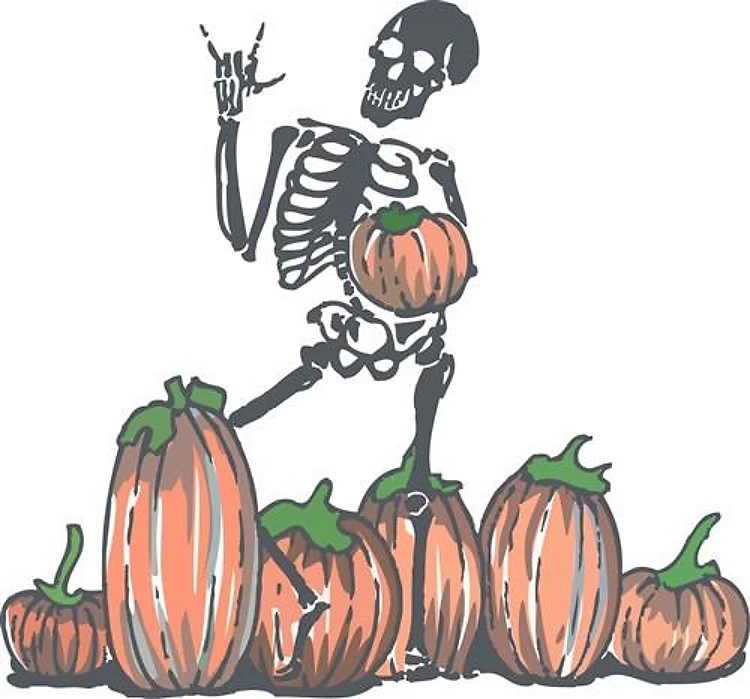 SKELETON IN PUMPKIN PATCH