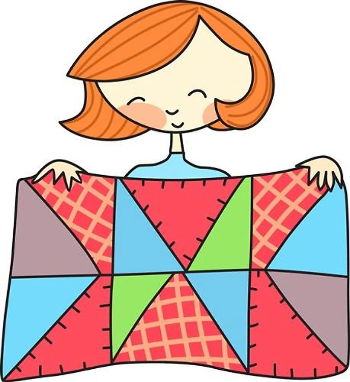 WOMAN DISPLAYING QUILT