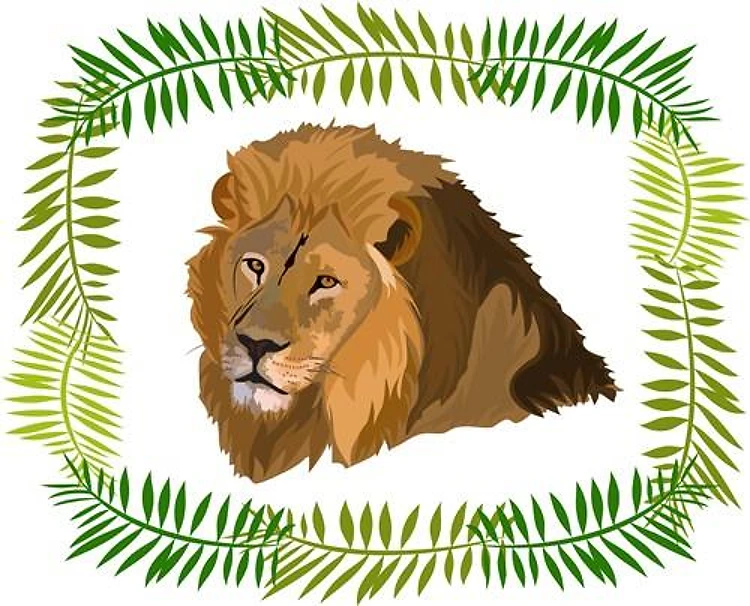MALE LION HEAD AND JUNGLE BORDER