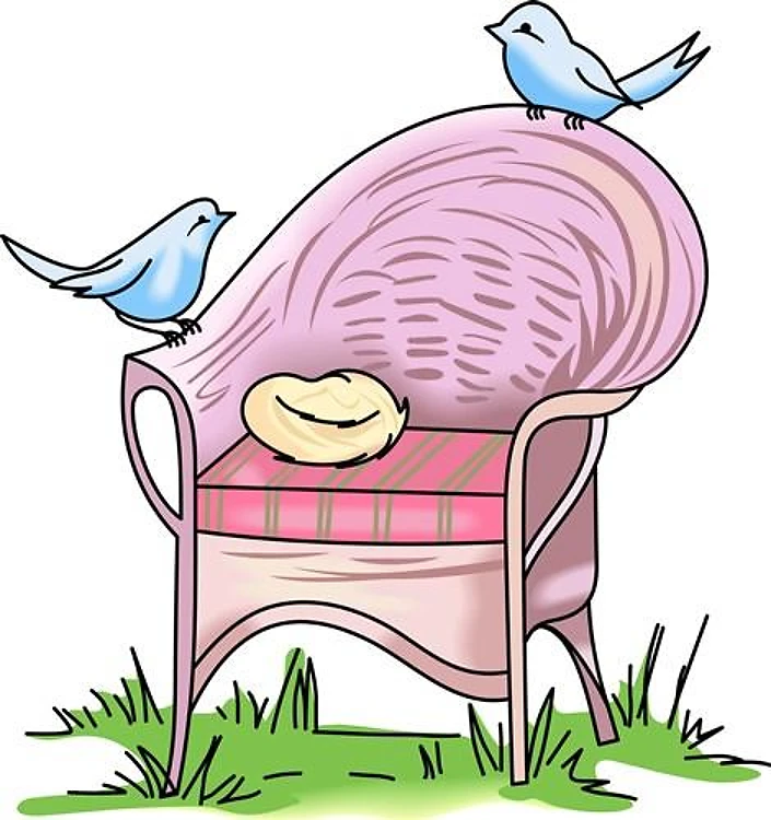 BIRDS IN GARDEN CHAIR
