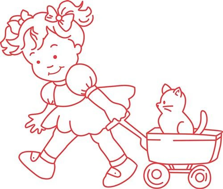 REDWORK GIRL PULLING WAGON