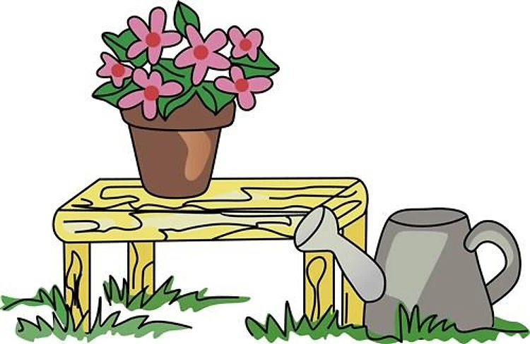 FLOWERS IN A POT WITH A WATER CAN