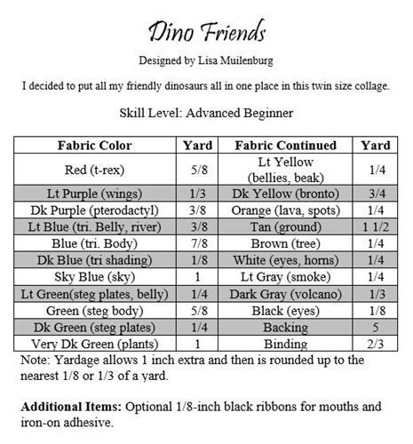 Dinosaur Friends Twin Size Quilt Pattern