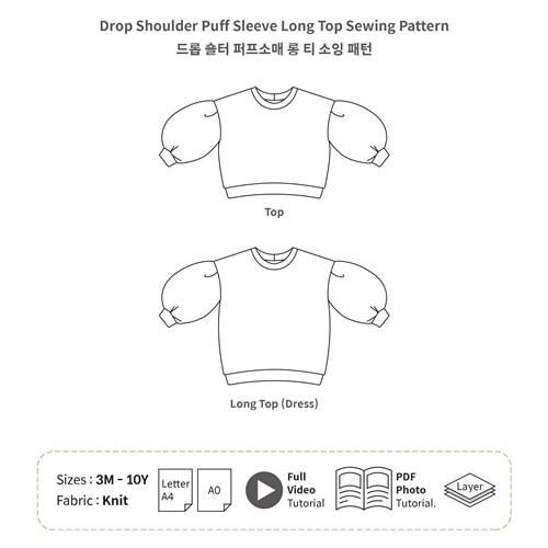 Baby Drop Shoulder Puff Sleeve Top Oversized T-Shirts Knit PDF Sewing Pattern