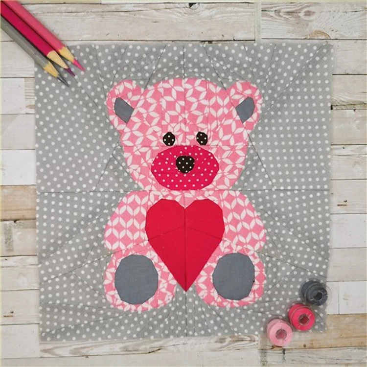 Teddy Bear Love Quilt Block FPP Pattern
