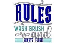 Bold text spelling 'RULES' in vibrant blue with playful swirls, ideal for humorous designs.