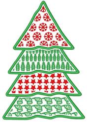 Christmas tree with red and green layers, featuring festive snowflake and star patterns, perfect for holiday decor.