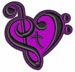 Applique musical heart design with a bold outline, swaying lines, and elegant curves in purple and black.