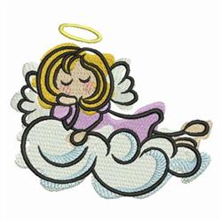 Whimsical angel with blonde hair and yellow halo, dressed in lavender on a fluffy cloud, perfect for playful decor.