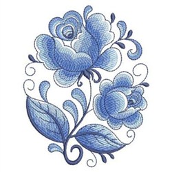 Delft Blue Roses Oval Embroidery Design | EmbroideryDesigns.com