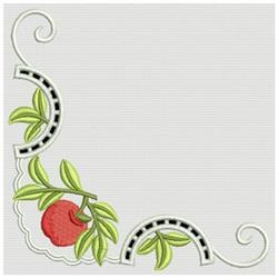 Elegant Applique floral element with vibrant red apple and lush green leaves, detailed scalloped border.