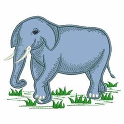 Applique elephant in light blue with a cheerful expression stands in green grass, creating a playful vibe.