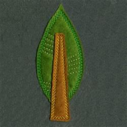 Applique green leaf with a clean outline and vibrant color, featuring a distinct brown stem in a modern style.