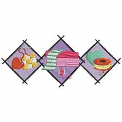Applique sewing elements with vibrant thread, scissors, and a heart decoration on a purple background.