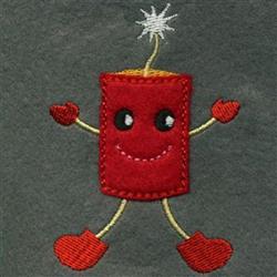 Applique smiling red firecracker with playful black eyes, broad smile, and white fuse on a muted gray background.