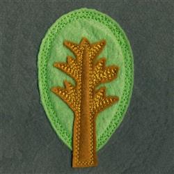 Applique tree with playful brown trunk and vibrant green leaves on a cheerful green oval background.
