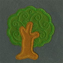 Applique tree with vibrant green foliage, swirling patterns, and a solid brown trunk against a dark gray background.