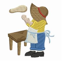 A cheerful baker in a straw hat and yellow shirt tosses dough beside a rustic table in a whimsical kitchen scene.
