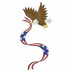 Realistic bald eagle in flight showcases detailed feathers above a vibrant red, white, and blue ribbon for patriotic holidays