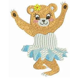 Playful bear in ballet tutu with a flower in hair, showcasing lively dance pose with cheerful expression.