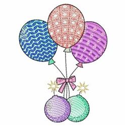 Colorful balloons cluster with blue, red, and purple hues, adorned with a pink bow and festive ornaments.