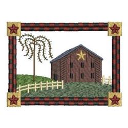 Rustic barn with a wooden texture and star, framed by a plaid border, surrounded by a tree and white fence.