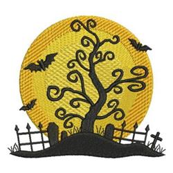 Barren tree silhouette against a yellow moon, with playful bats, gravestones, and a fence for Halloween spirit.