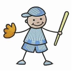 Playful cartoon boy character in blue and yellow, smiling with a baseball bat and glove, perfect for sports-themed designs.