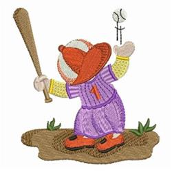 Playful young child in a purple baseball uniform and red cap swings a bat on dirt, surrounded by green grass.