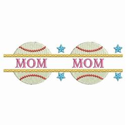 Playful baseball-themed decor featuring 'MOM' in bold pink, flanked by whimsical baseballs and blue stars for Mother's Day.