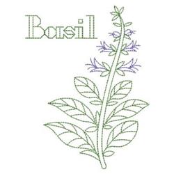 Basil plant with elongated green leaves and delicate purple flowers, featuring a simple stitched text 'Basil'.